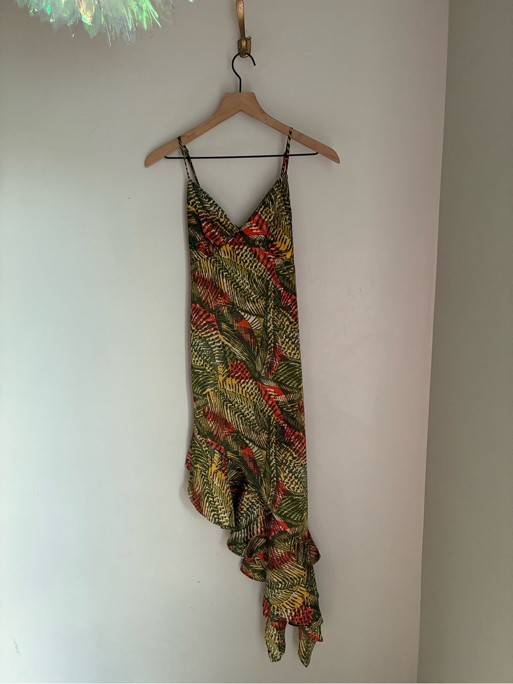 Tropical Satin Slip Dress Asymmetrical Ruffle Hem Dress Size Medium
